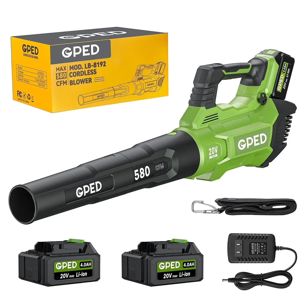 GPED Leaf Blower, 3 Speed Adjustment Electric Cordless Leaf Blower with 2 x 4.0Ah Batteries, Charger, Shoulder Strap, 580CFM/160MPH, Ideal for Pa 1850