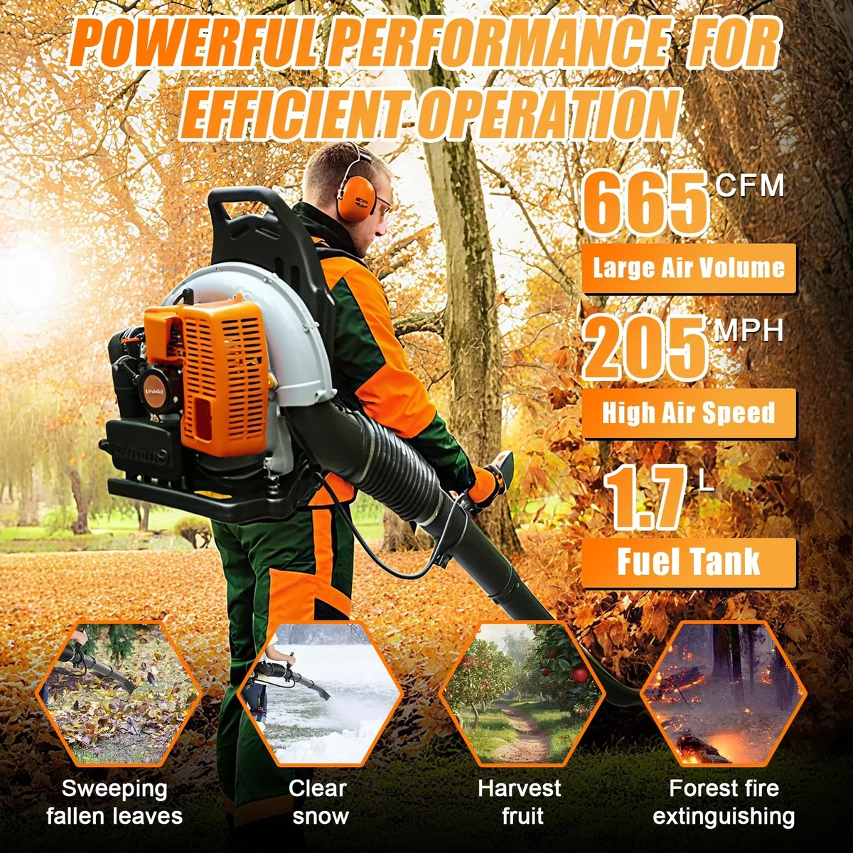 JNXYL EB650 63CC Gas Backpack Leaf Blower - Commercial Grade 2-Stroke Engine, 665 CFM Gas Powered Blower with Extention Tube for Home Blowing Lea 3580