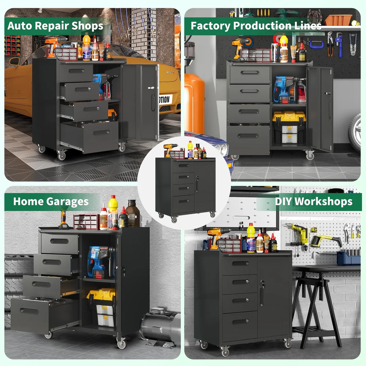 IKIMI 34.65"H Metal Rolling Tool Storage Cabinet with 4 Drawers & 1 Lockable Door, Mobile Tool Cart with Adjustable Shelf for Workshop/Garage, Bl 2279