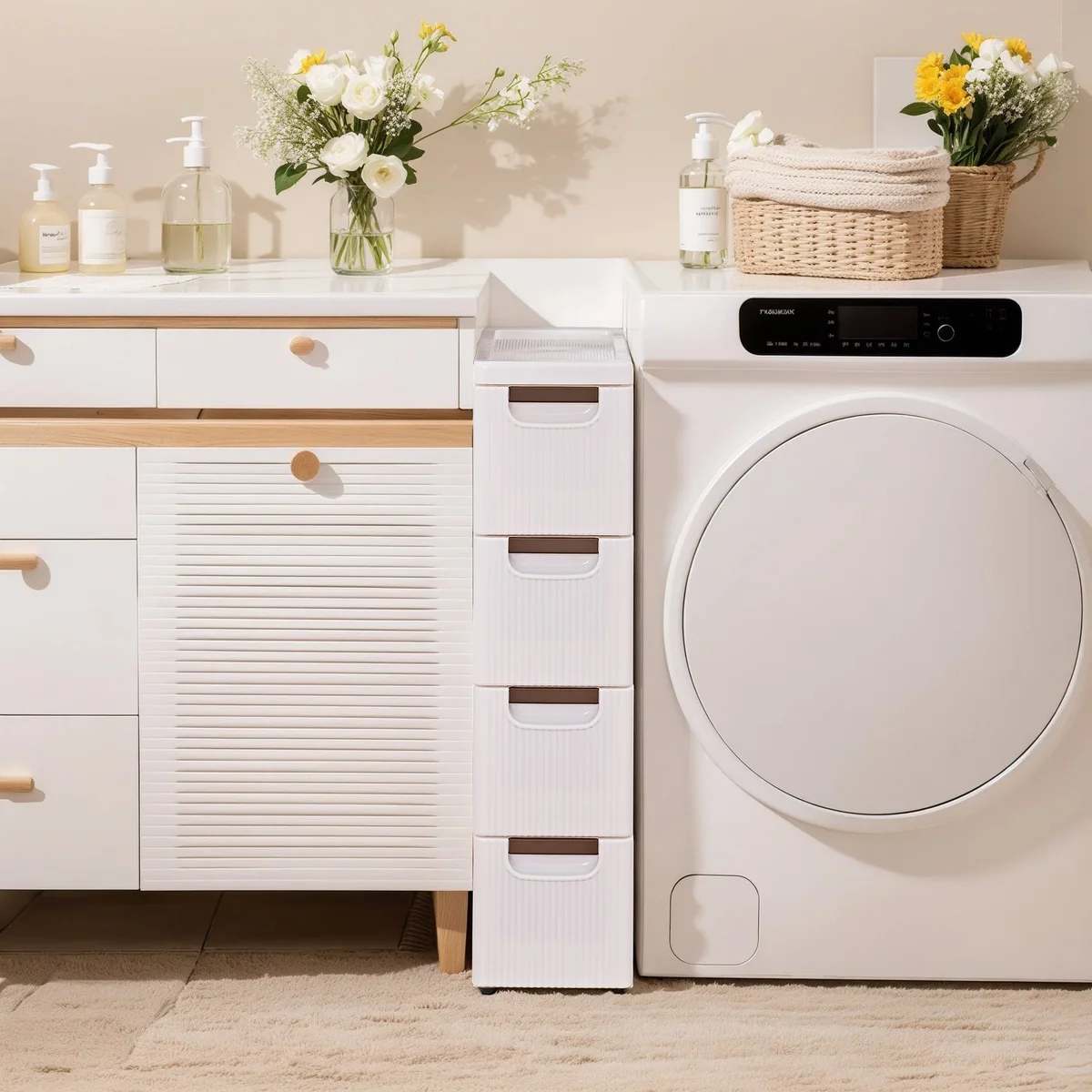 VECELO 4 Drawers Moveable Small Bathroom Stackable Storage Cabinet Floor Side Cabinet, Freestanding Plastic Narrow Lim Corner Slide Out Drawer St 1809