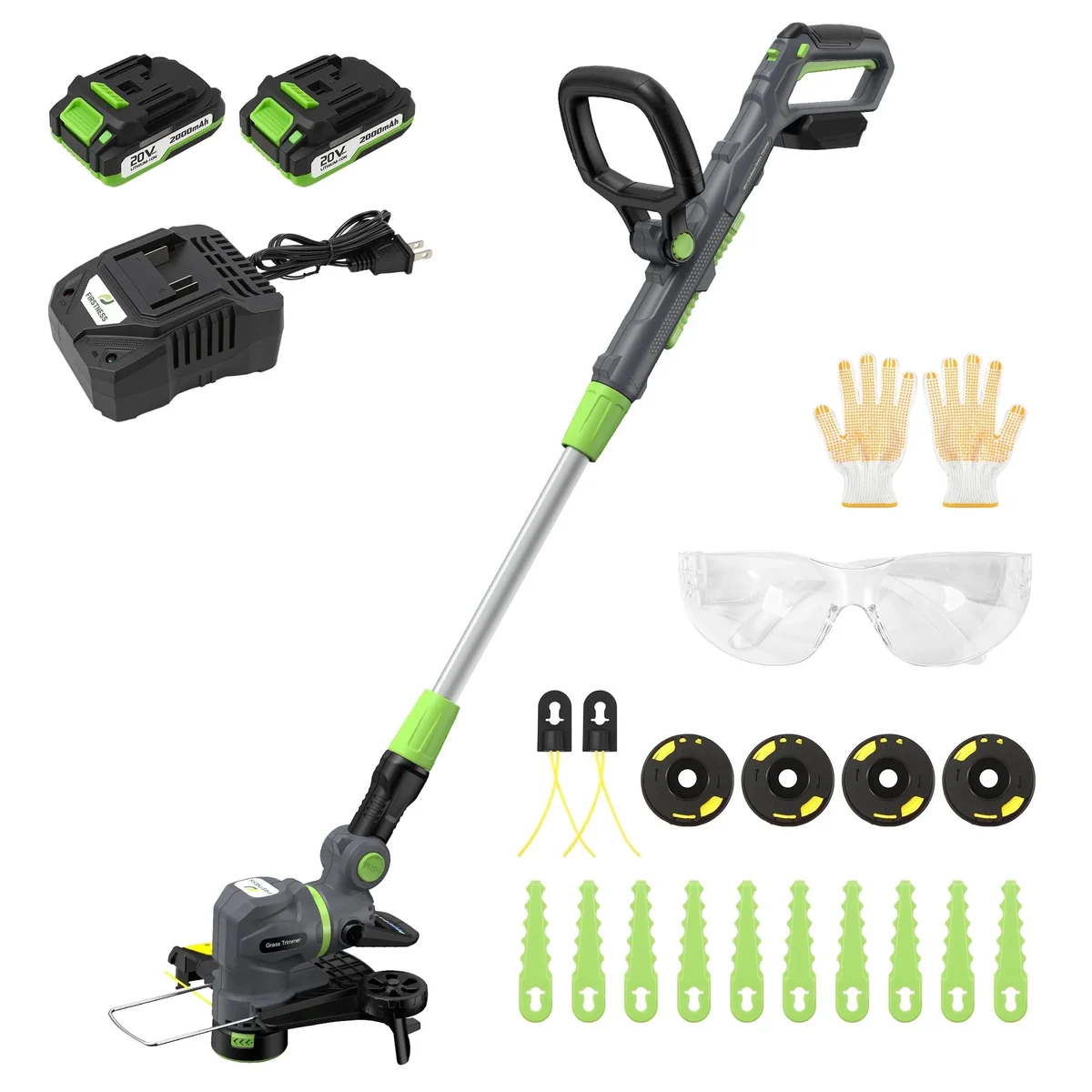 Firstness String Trimmer Cordless, 20V Electric Weed Wacker with 2 Batteries & Charger, Powerful 8500 RPM, Grass Trimmer & Edger for Lawn Care, Y 0189