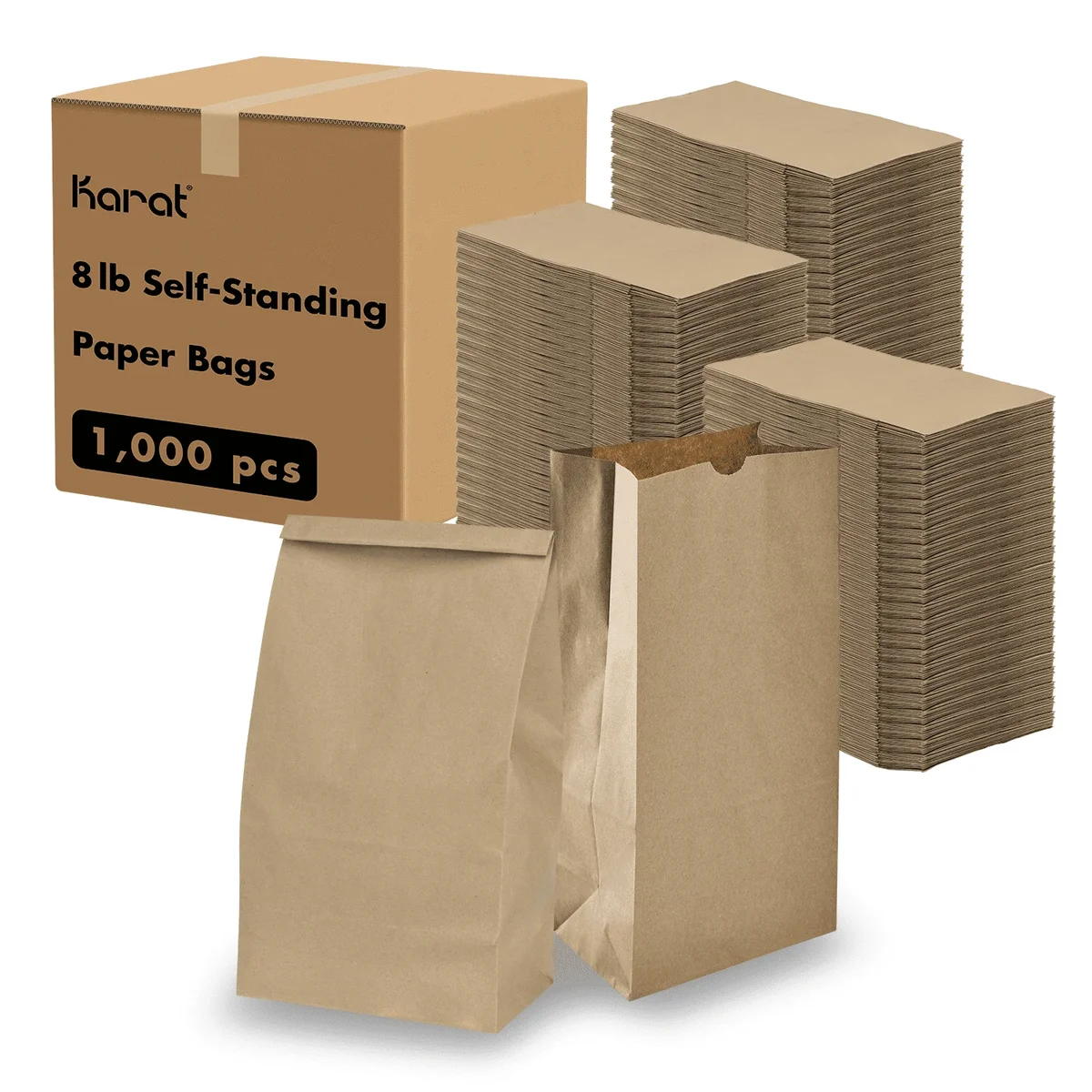 Karat Brown Paper Bags, 8 lb, 1,000 ct – Kraft Grocery, Lunch, and Takeout Bags, Bulk Pack 8443