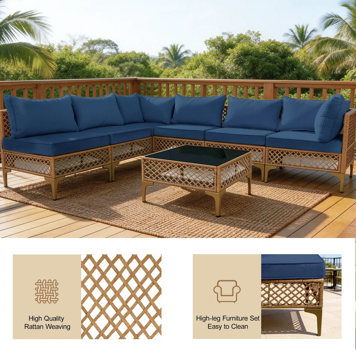 MaagorVita 7Pcs Outdoor Patio Furniture Set, Modular Outdoor Sectional, Modern Rattan Wicker Sofa Set with Coffee Table and Washable Thick Cushio 9778