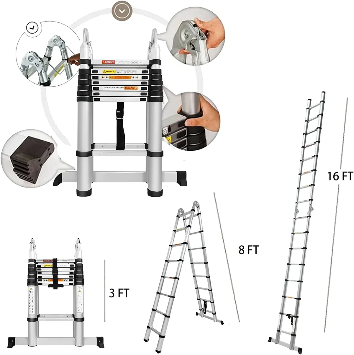 Jupiter Adjustable Telescoping Ladder A-Frame Ladder with Stabilizer Bar, 16.5 ft, Stainless Steel 3287