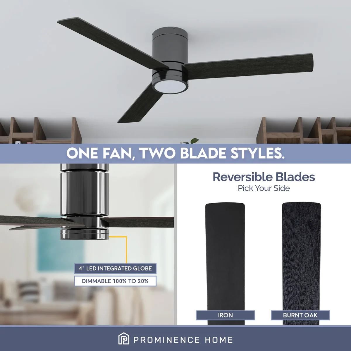 Everdaily Essentials 52" Espy Gun Metal Remote Control Ceiling Fan, 3 Blades Ref. 9011