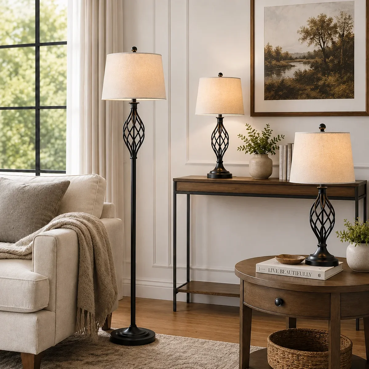 Maxax 3-Piece Lamp Set - Traditional Table Lamps & Floor Lamp with Oatmeal Fabric Shade, ETL Listed 9510
