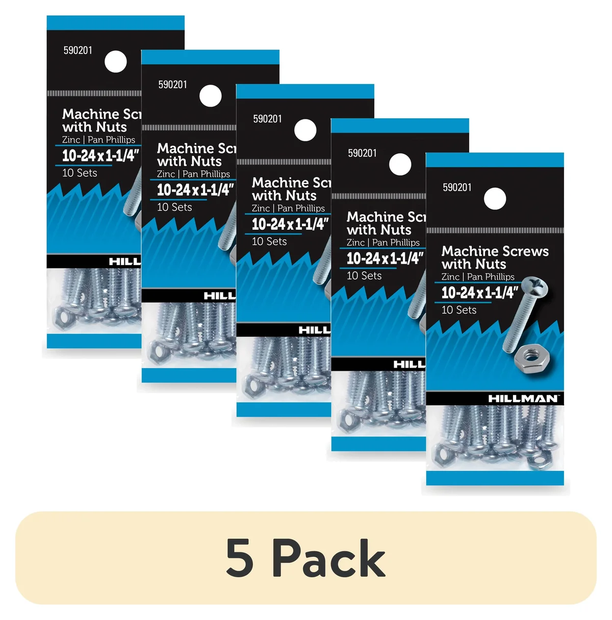 Hillman (5 pack) Hillman Machine Screws, #10 x 1-1/4", Steel, Zinc, Interior, Phillips, Silver, 10 sets 8787