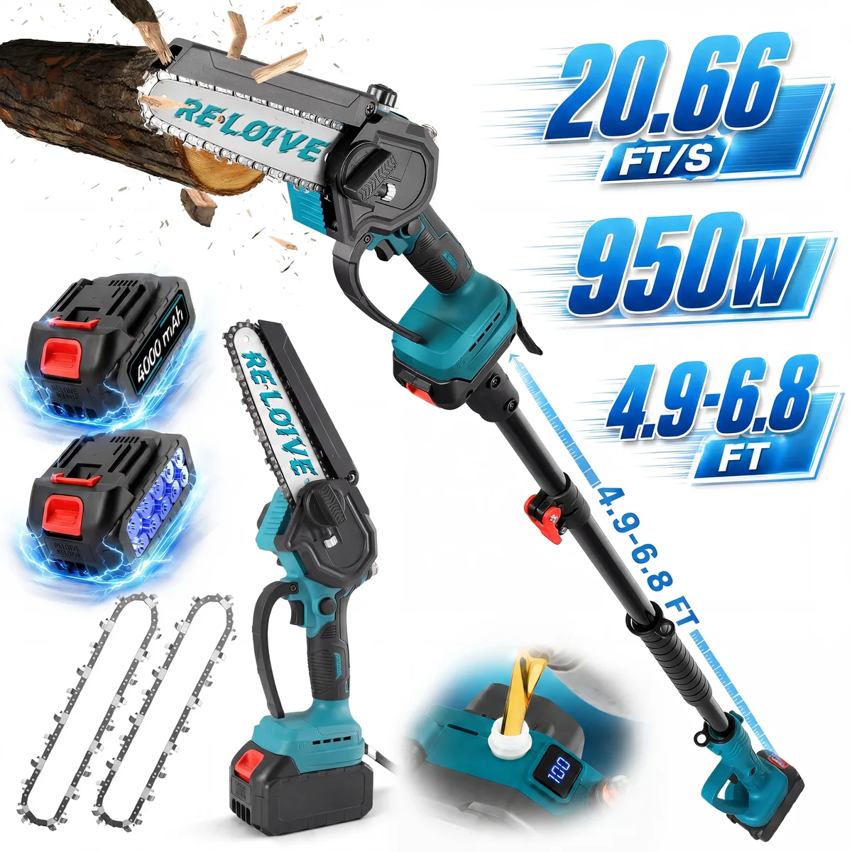 RELOIVE 2-in-1 Cordless Pole Saw & 6" Mini Chainsaw, 4.9-6.8FT Telescoping Branch Cutter with 2PCS 4000mAh Batteries and a Charger, Brushless Pol 1103