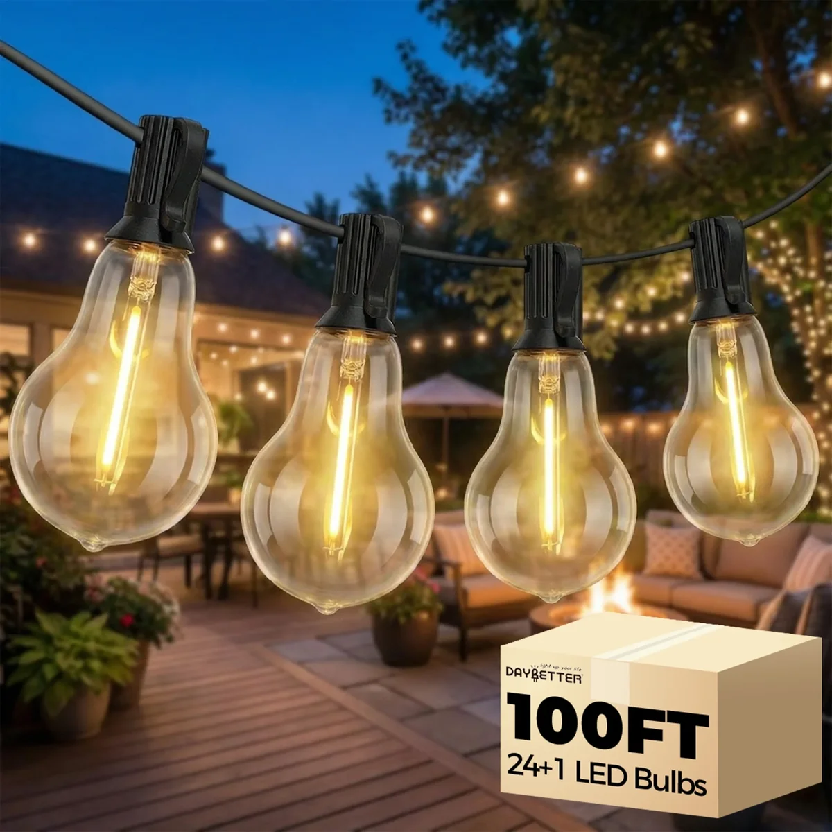DAYBETTER 100FT Outdoor String Lights, Waterproof Patio Lights with 24 Hanging Lights A39 Bulbs(1 Spare), Shatterproof for Backyard Gazebo Porch  5374