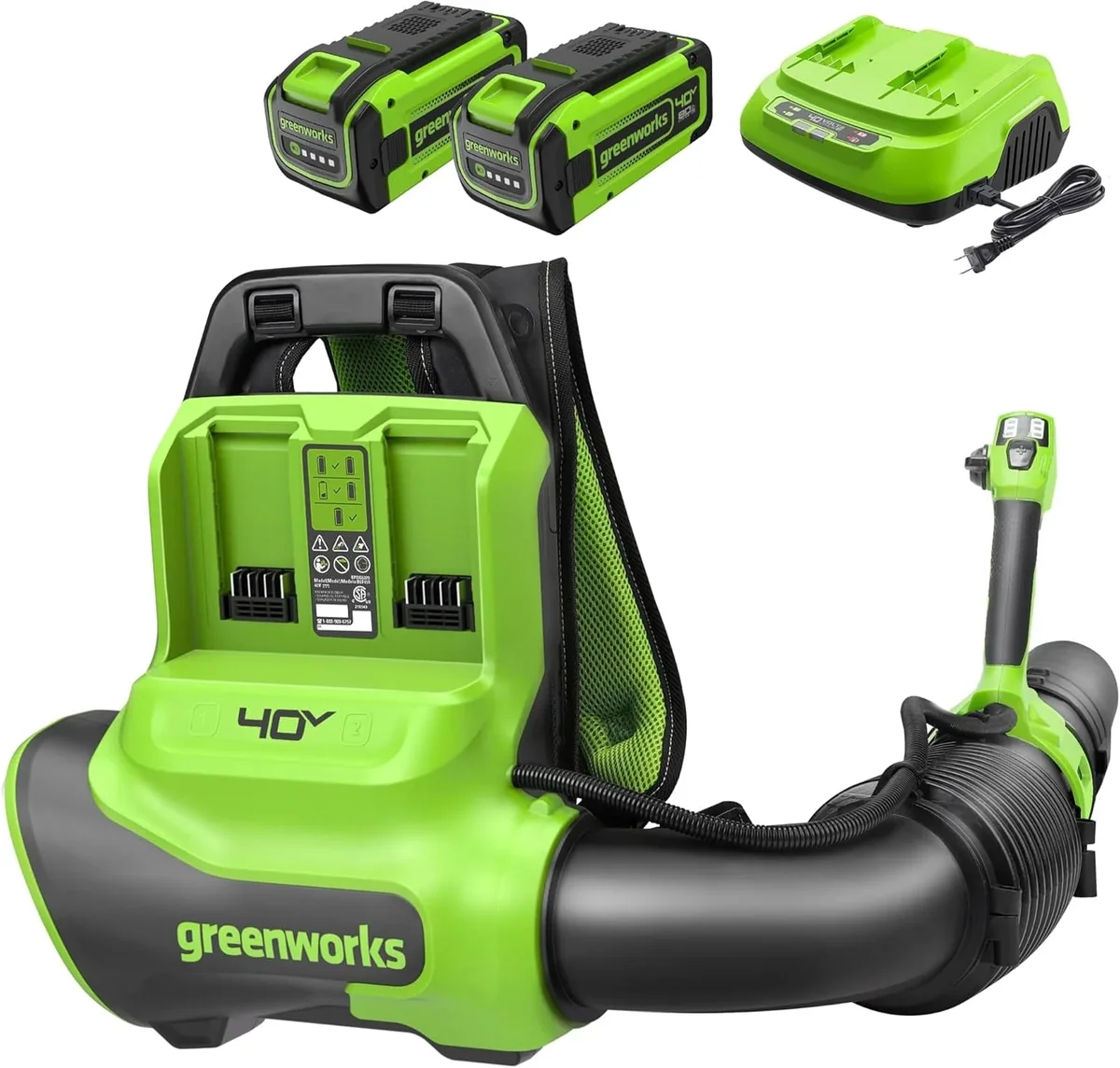Greenworks 40V (175 MPH / 710 CFM / 75+ Compatible Tools) Dual Port Cordless Brushless Backpack Leaf Blower, (2)8.0Ah Battery and Charger Include 9698
