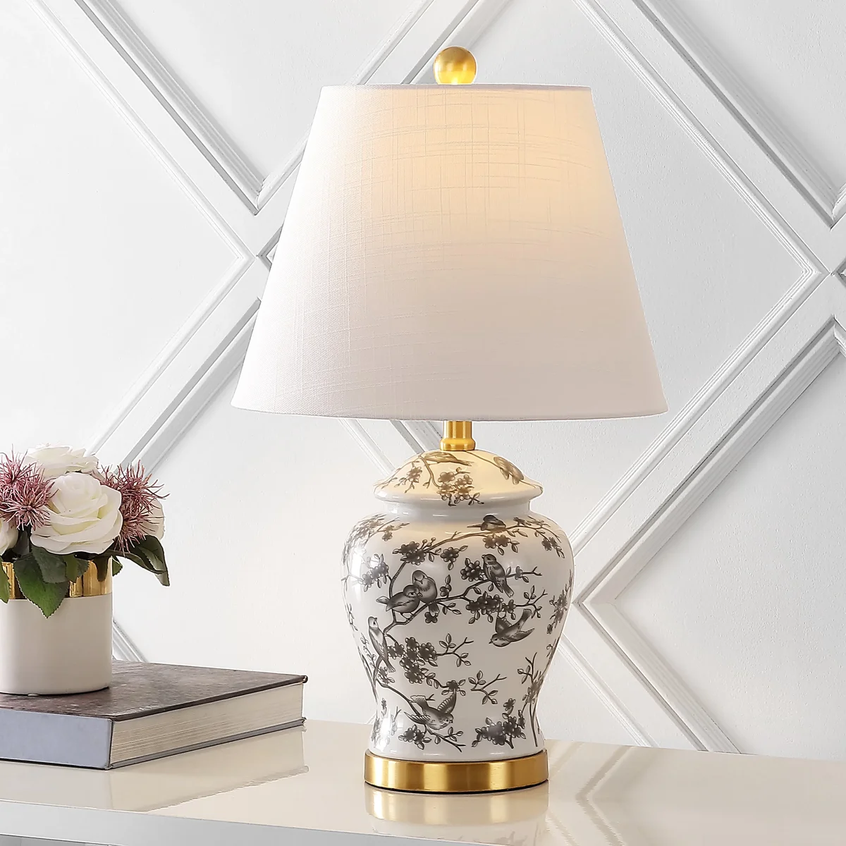 Everdaily Essentials Penelope 22" French Country Cottage Ceramic/Iron Chinoiserie Ginger Jar LED Table Lamp, Gray/White, JYL3005C 1611