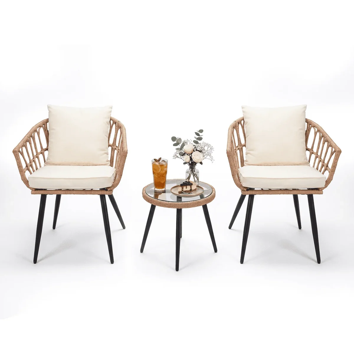 MOLIBYME 3 Piece All Weather Wicker Patio Bistro Set, Outdoor Indoor PE Rattan Conversation Set with Chair and Table, Modern Furniture for Apartm 7341