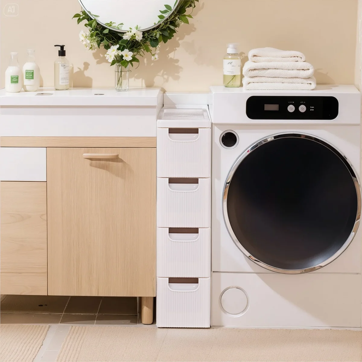 VECELO 4 Drawers Moveable Small Bathroom Stackable Storage Cabinet Floor Side Cabinet, Freestanding Plastic Narrow Lim Corner Slide Out Drawer St 1809