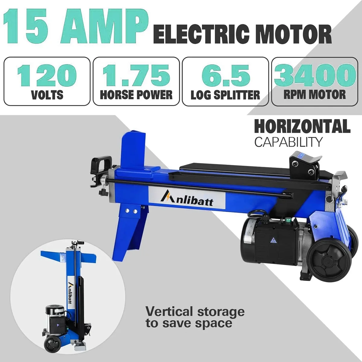 ANLIBATT Electric Log Splitter, 6.5 Ton 15-Amp Motor with Hydraulic Ram Horizontal Wood Splitting Firewood Cutter Forestry Harvesting 1096