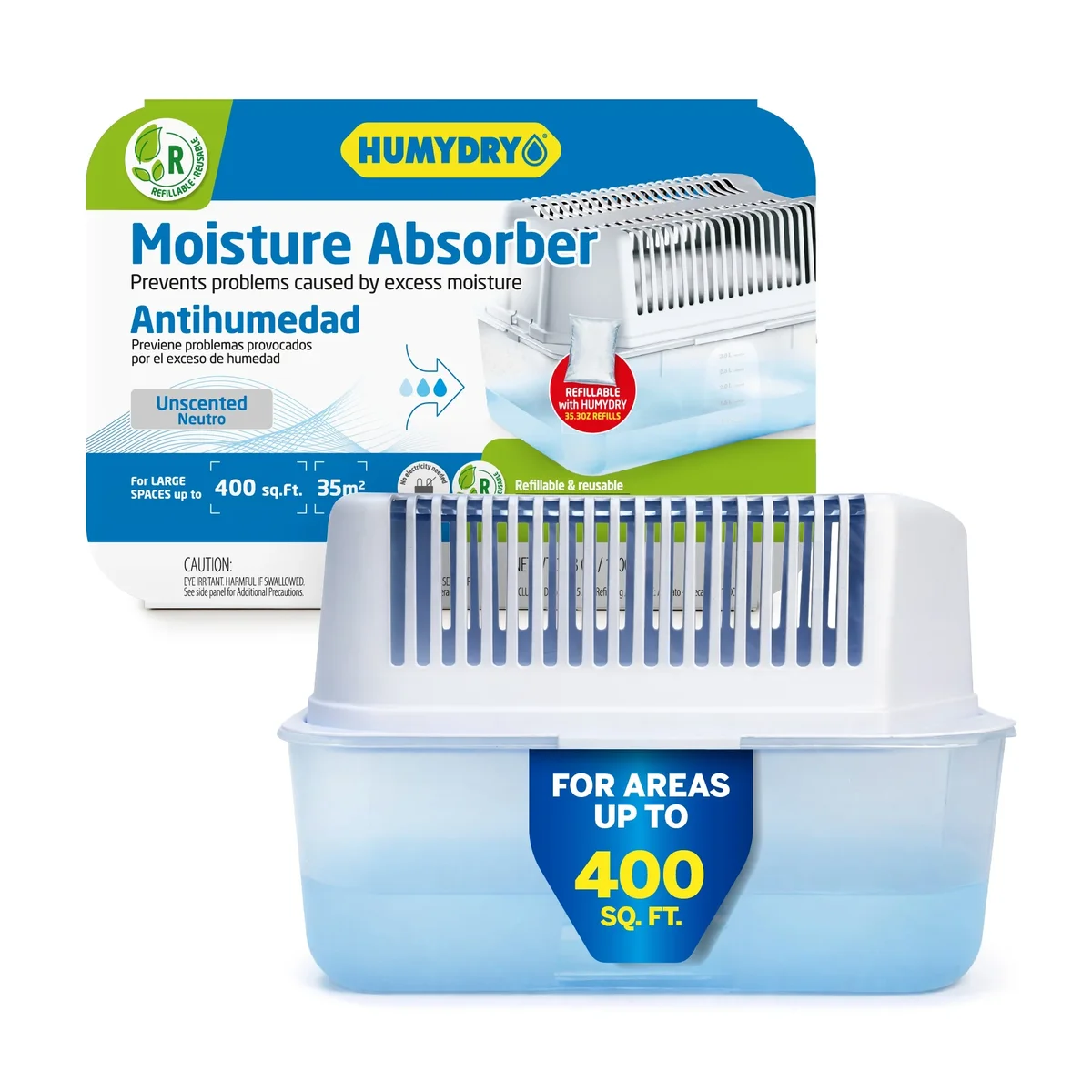 Humydry Moisture Absorber Dehumidifier Device, Pack of 2 Devices of 35.3 Oz With 2 Pre-Measured Refills, Fragrance Free Humidity Absorber For Bas 3486