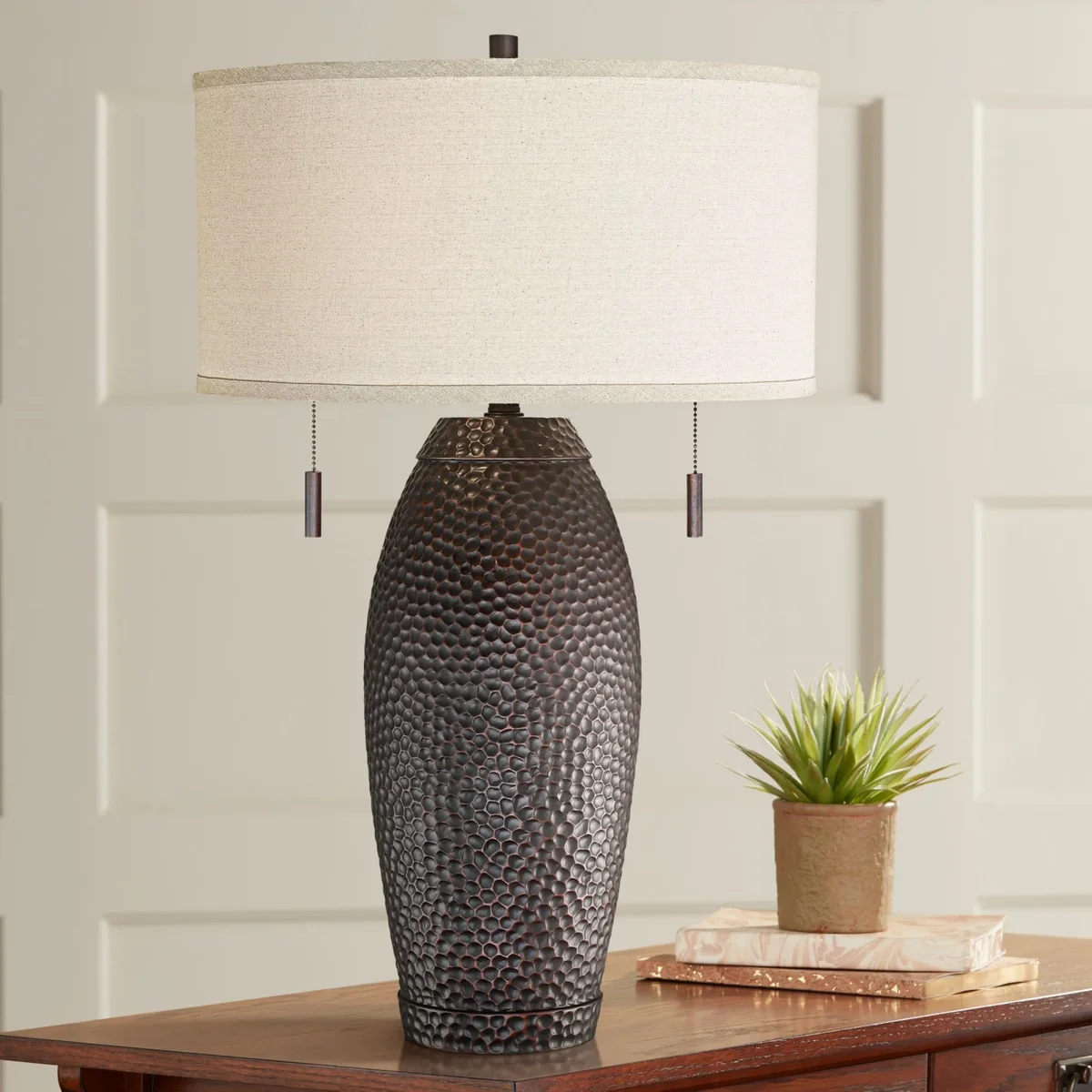 Franklin Iron Works Noah Modern Rustic Farmhouse Table Lamp 31" Tall Hammered Bronze Oatmeal Fabric Drum Shade for Bedroom Living Room Bedside Of 8849