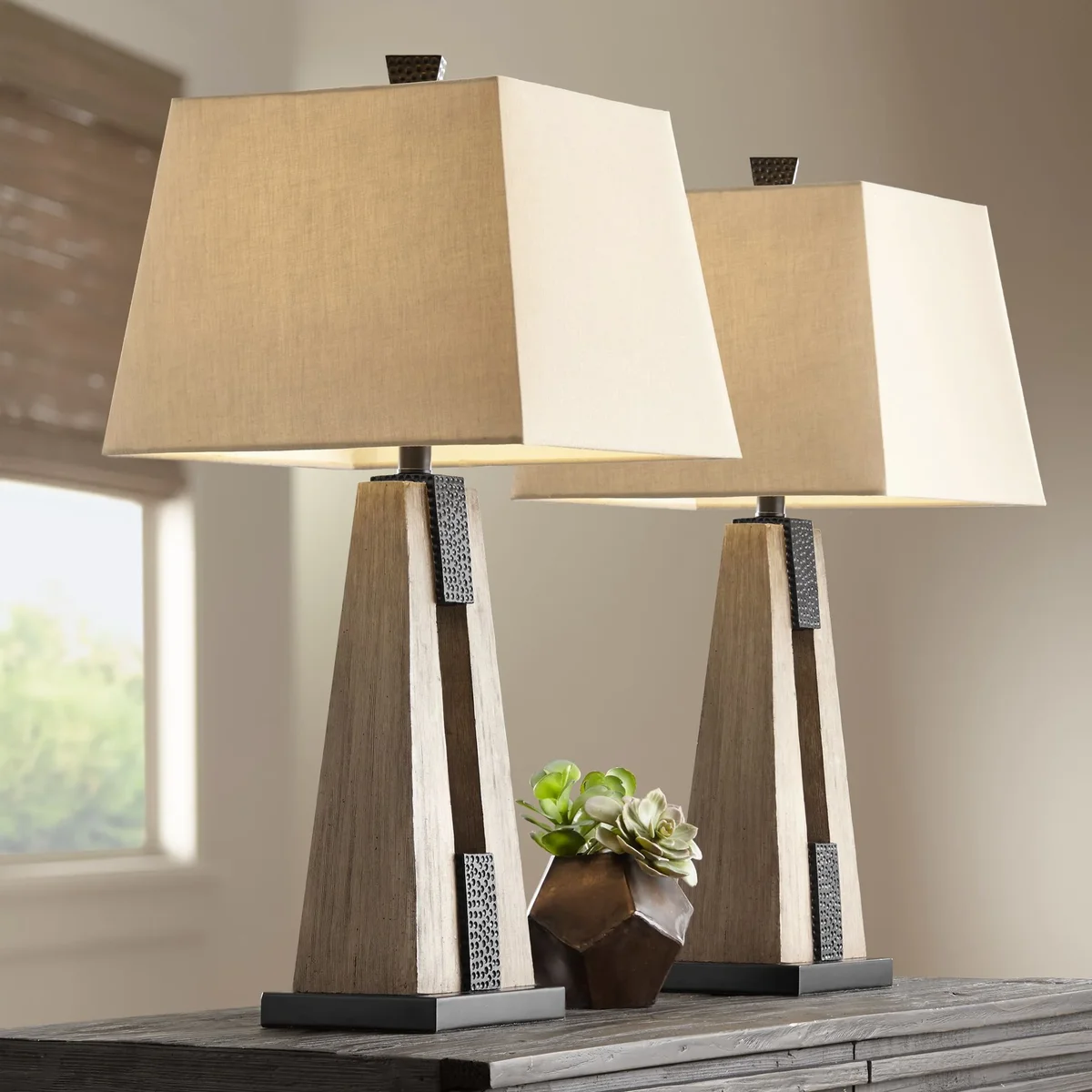 John Timberland Mitchell Rustic Farmhouse Table Lamps 27" Tall Set of 2 Wood with USB Charging Port Oatmeal Tapered Rectangular Shade for Living  7636