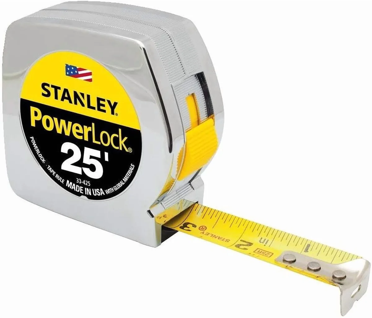 Stanley Bostitch Powerlock Ii Power Return Rule, 1\" X 25ft, Chrome/yellow 5510