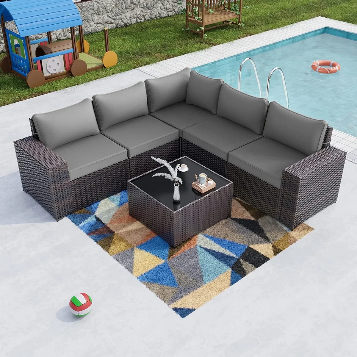 Gotland 6 Piece Sectional Rattan Wicker 5 Person Sofa Set Patio Conversation Set, Grey 0926