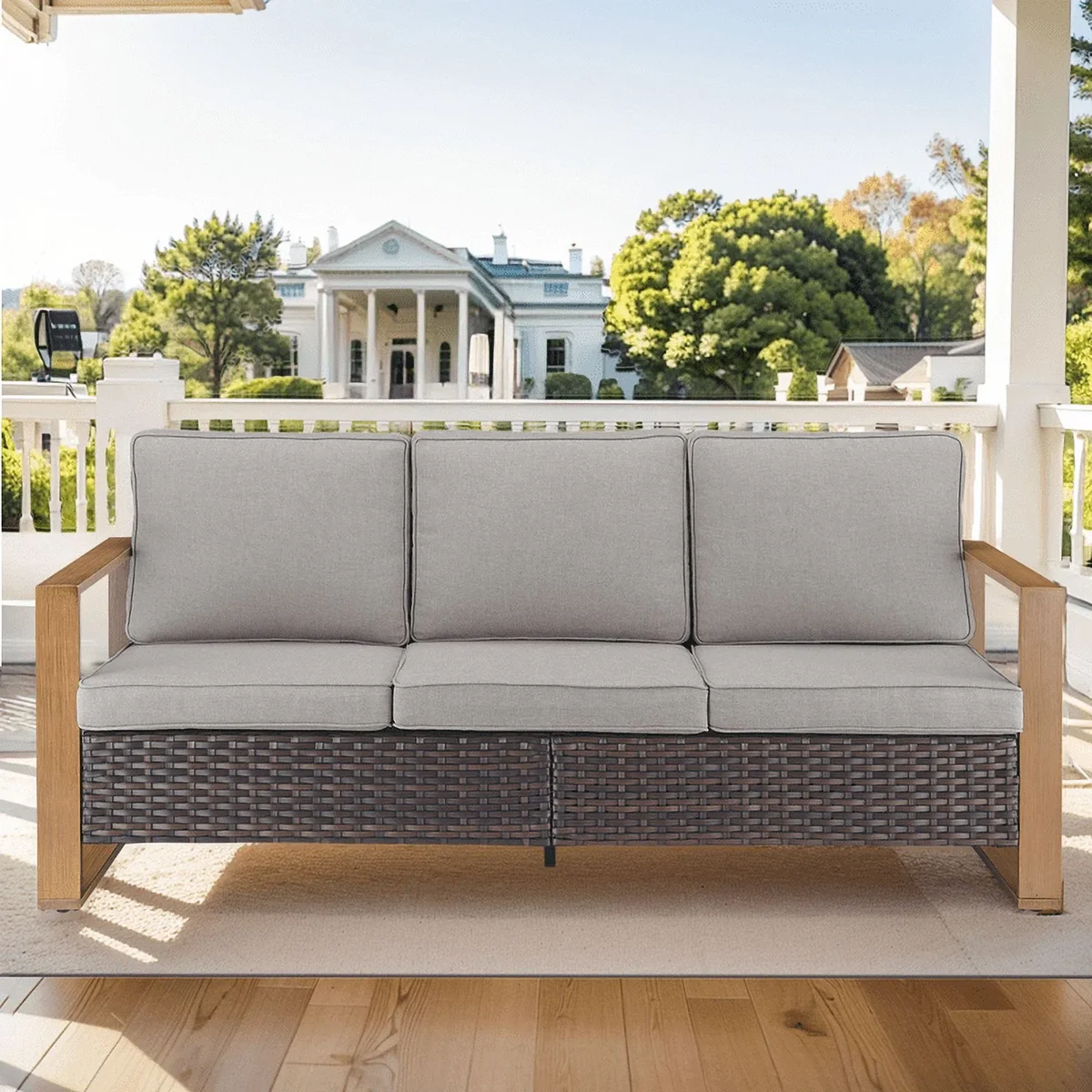 PARKWELL Outdoor 3-Seat Patio Sofa Furniture,Weather Resistant Wicker Couch with Deep Seat Anti-Slip Cushion,Gray 6332