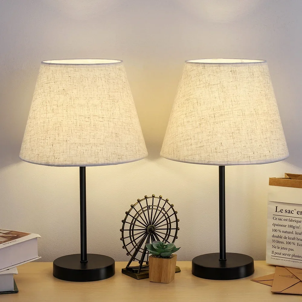 Haitral Set of 2 Haitral Modern Black Metal Bedside Lamp with White Linen Shade 4411