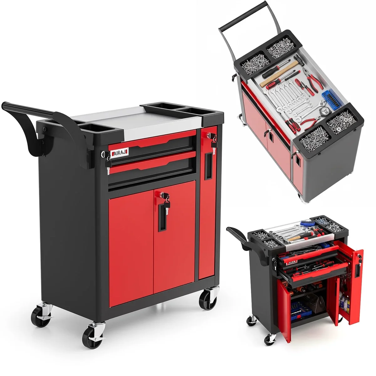 Airaj 2-Drawer Rolling Tool Chest with Lock, Large Mobile Tool Cart & Cabinet for Garage Workshop Storage, Heavy-Duty Red 0592