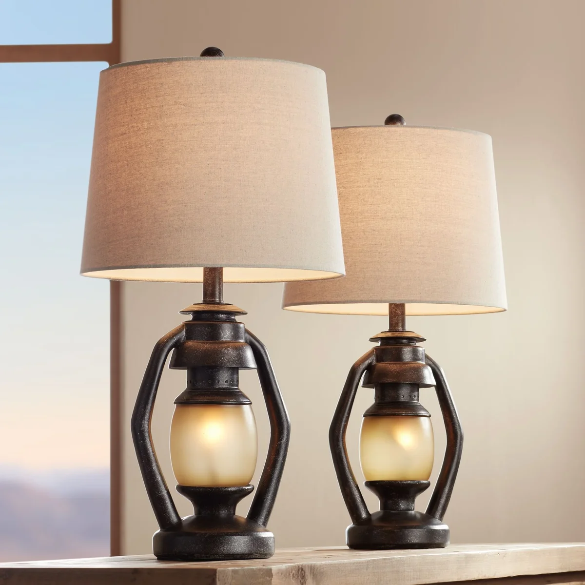 Franklin Iron Works Horace Rustic Table Lamps 25 1/4" High Set of 2 Brown with Nightlight Miner Lantern Oatmeal Drum Shade for Bedroom Living Roo 9892