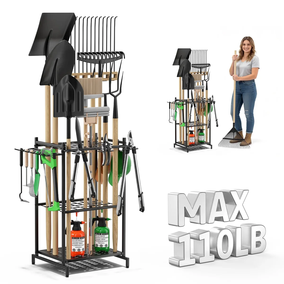 Quccifan Garden Tool Organizer, Heavy Duty Steel Tower Rack with 2 Additional Hooks, Holds 35+ Long Handled Tools, Rakes Brooms, for Garage Storage & Shed 7789
