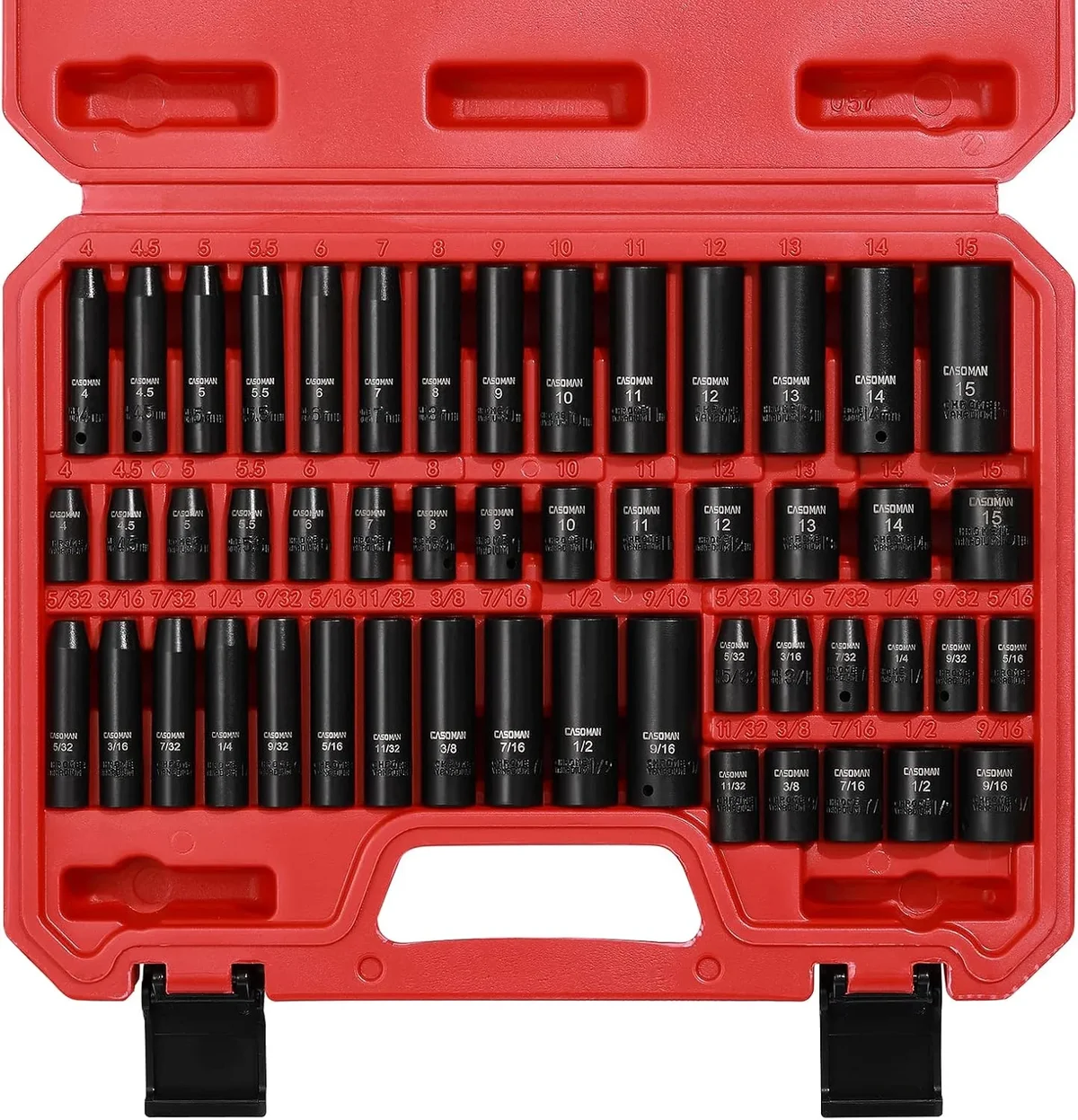 CASOMAN 1/4 Inch Drive Master Impact Socket Set, 50-Piece, 6-Point, SAE/Metric, 5/32 Inch - 9/16 Inch, 4mm - 15mm, Standard/Deep,CR-V 5603