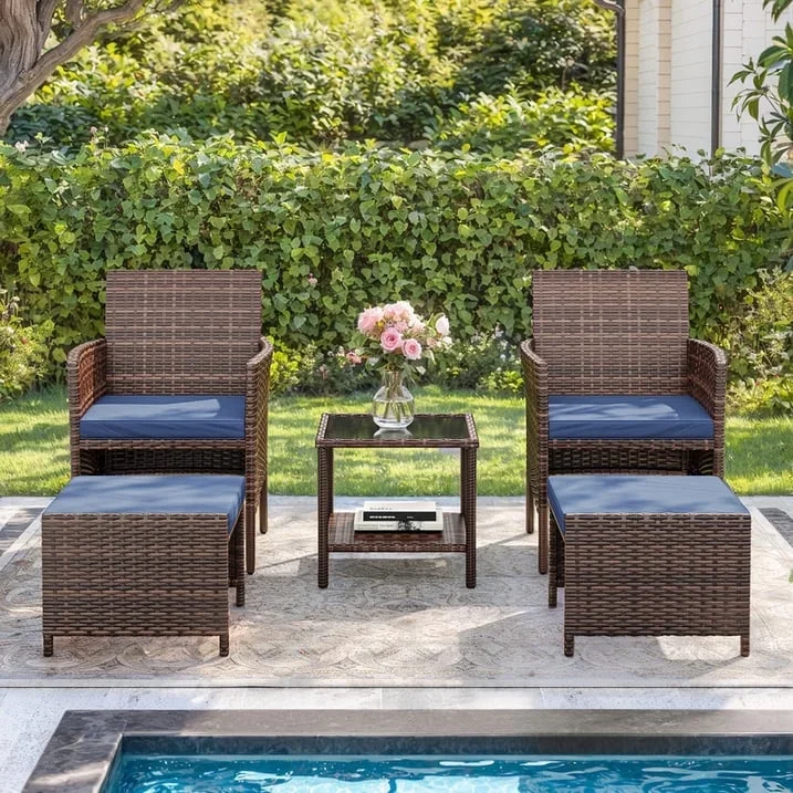 Everdaily Essentials 5 Piece Patio Furniture Set, Outdoor Conversation Rattan Chair with Ottomans/Storage Coffee Table for Patio,Balcony ,Poolside Deck, Navy 2874