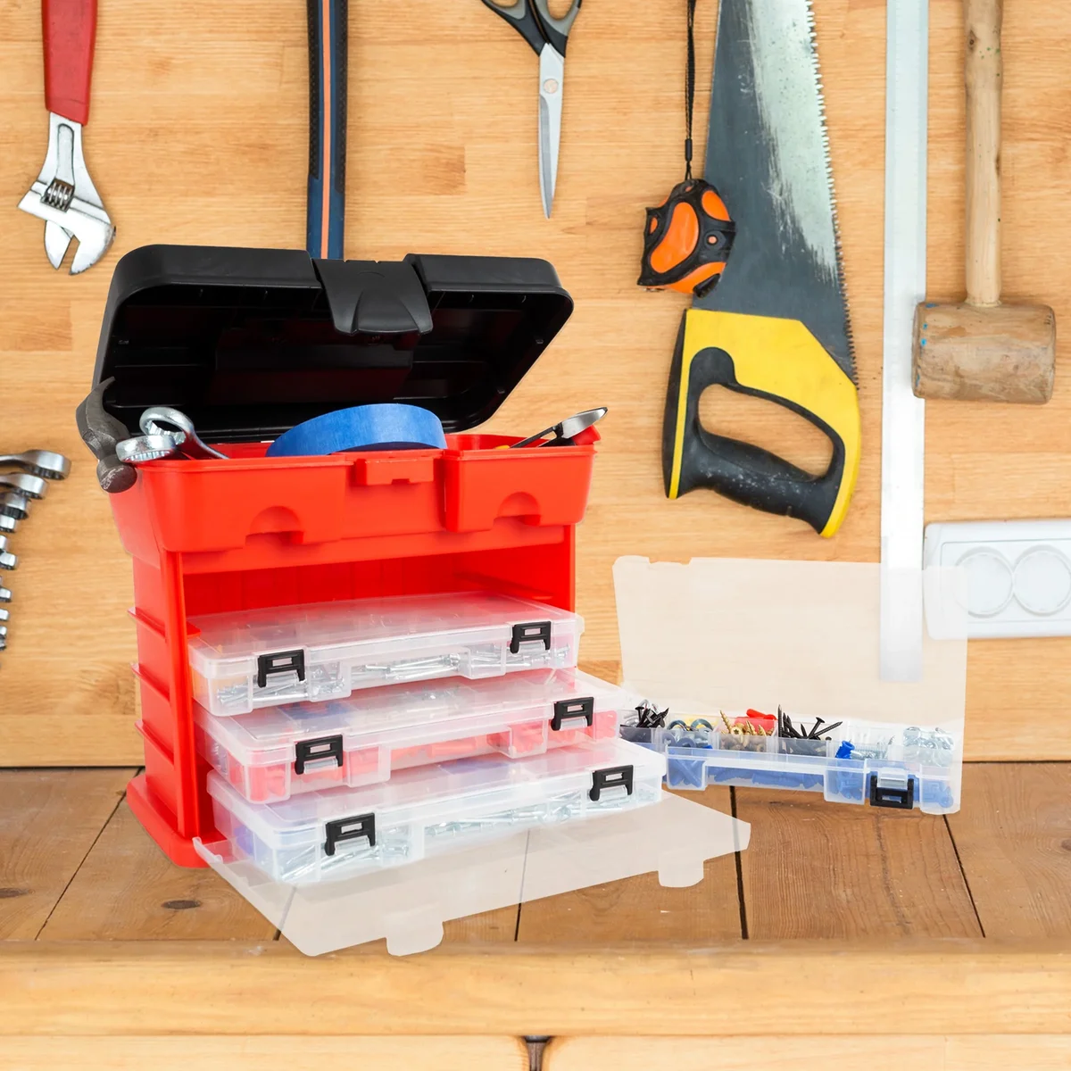 Stalwart Portable Tool Storage Box - Small Parts Organizer with 4 Multi-Compartment Trays for Fishing Tackle, Hand Tools, or Craft Supplies -(Red 2113
