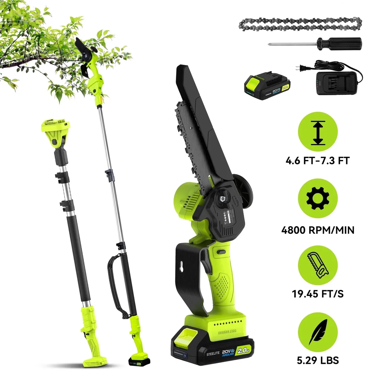Steelite 2-in-1 Cordless Pole Saw & 6" Electric Mini Chainsaw,21V 2.0 Ah Battery Powered Brushless Pole Chainsaw ,13 FT Max Reach for Tree Trimmi 3401