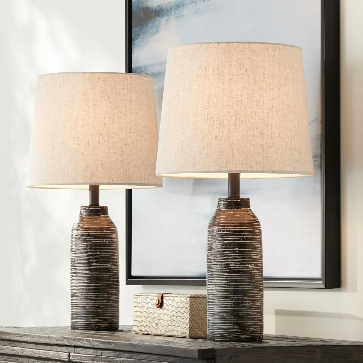 Everdaily Essentials 24" High Mid Century Modern Farmhouse Rustic Table Lamps Set of 2 Black Finish Oatmeal Shade Living Room Bedroom 6250