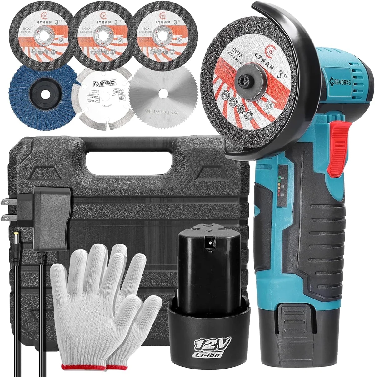 Aoresac Angle Grinder Tool, Mini Angle Grinder Cordless 12V 19500RPM with 2PCS 2000mAh Battery, Nylon Cutting Blade-s/Grinding Disc/Metal Cutting Disc 2062