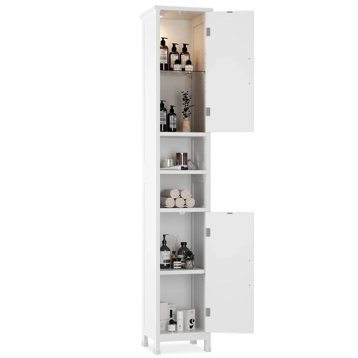 Selooye Tall Bathroom Storage Cabinet with Lights, Adjustable Shelves, White 6841