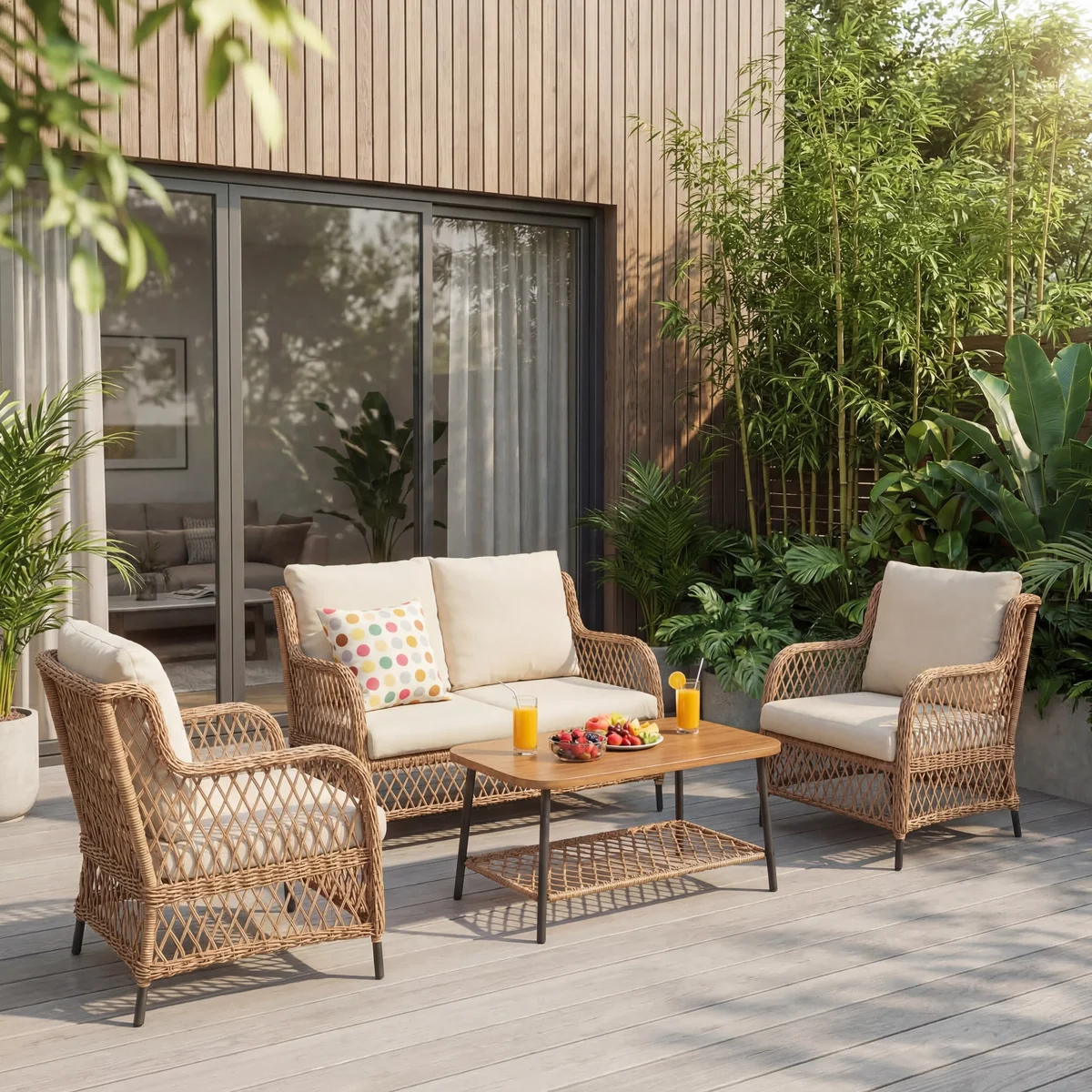 LAUSAINT HOME 4-Piece Outdoor Patio Conversation Set, All-Weather PE Rattan Furniture with Loveseat, 2 Chairs and Table, Beige Olefin Cushions 8400