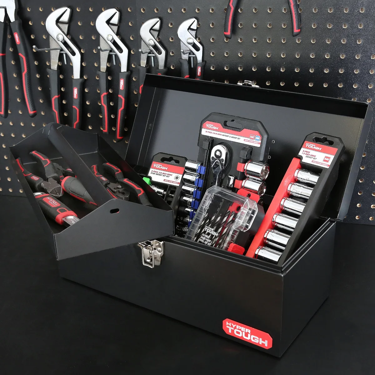 Hyper Tough 16-inch Black Metal Tool Box with Removable Tool Tray 6958