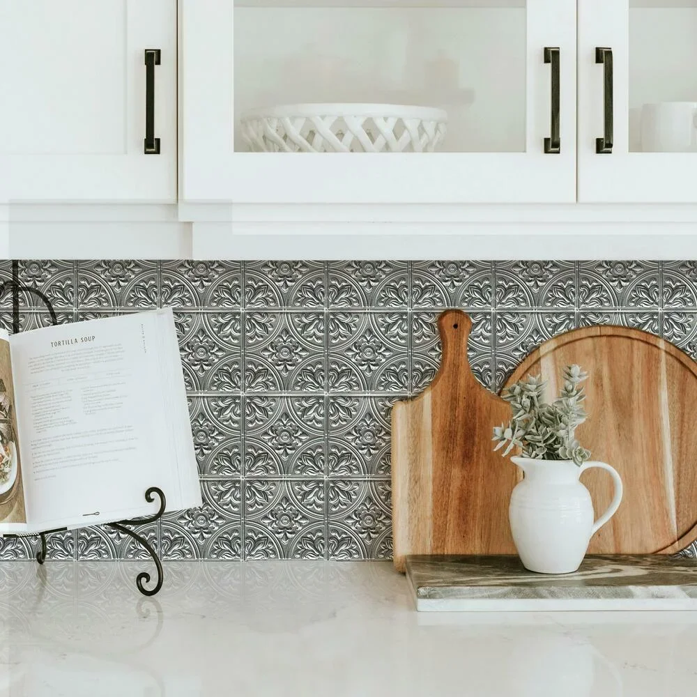RoomMates Silver Tin Tile Peel and Stick Backsplash 8485