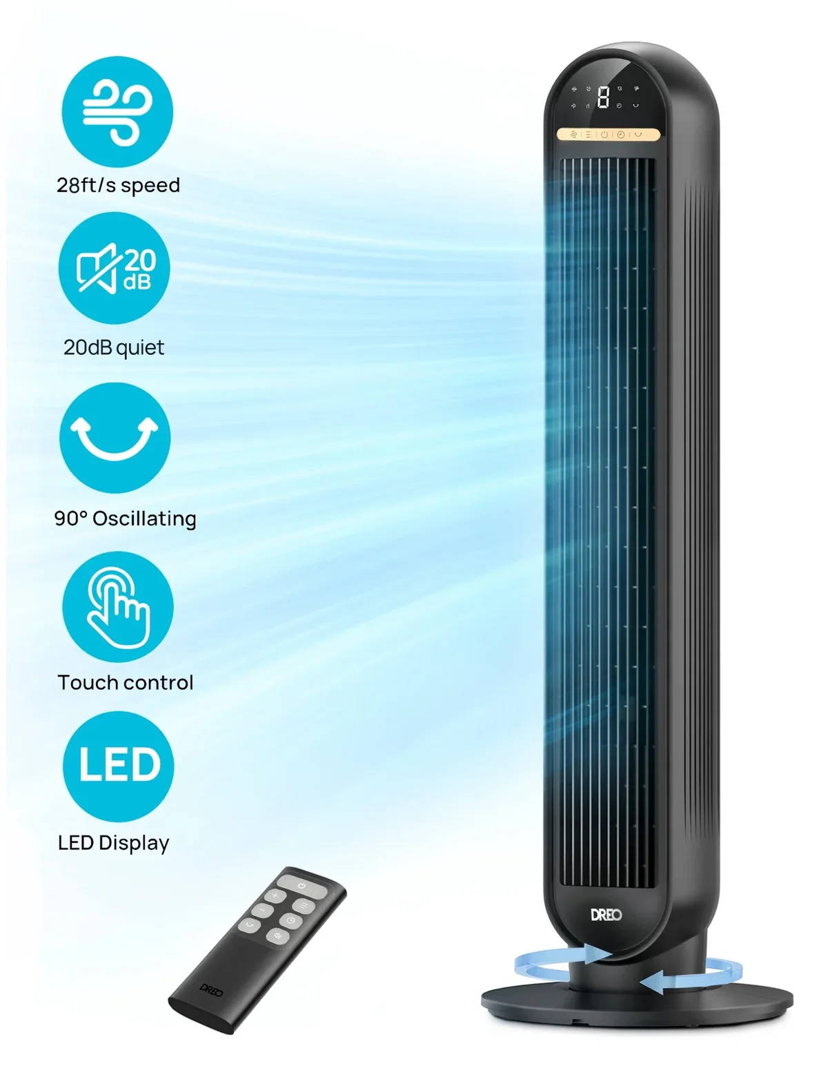 DREO 36" Tower Fan, 20dB Ultra Quiet Fans for Home, 8 Speeds & 4 Modes,  28ft/s Powerful Airflow, 90° Oscillating Standing Fan with Remote, 8H T 2301