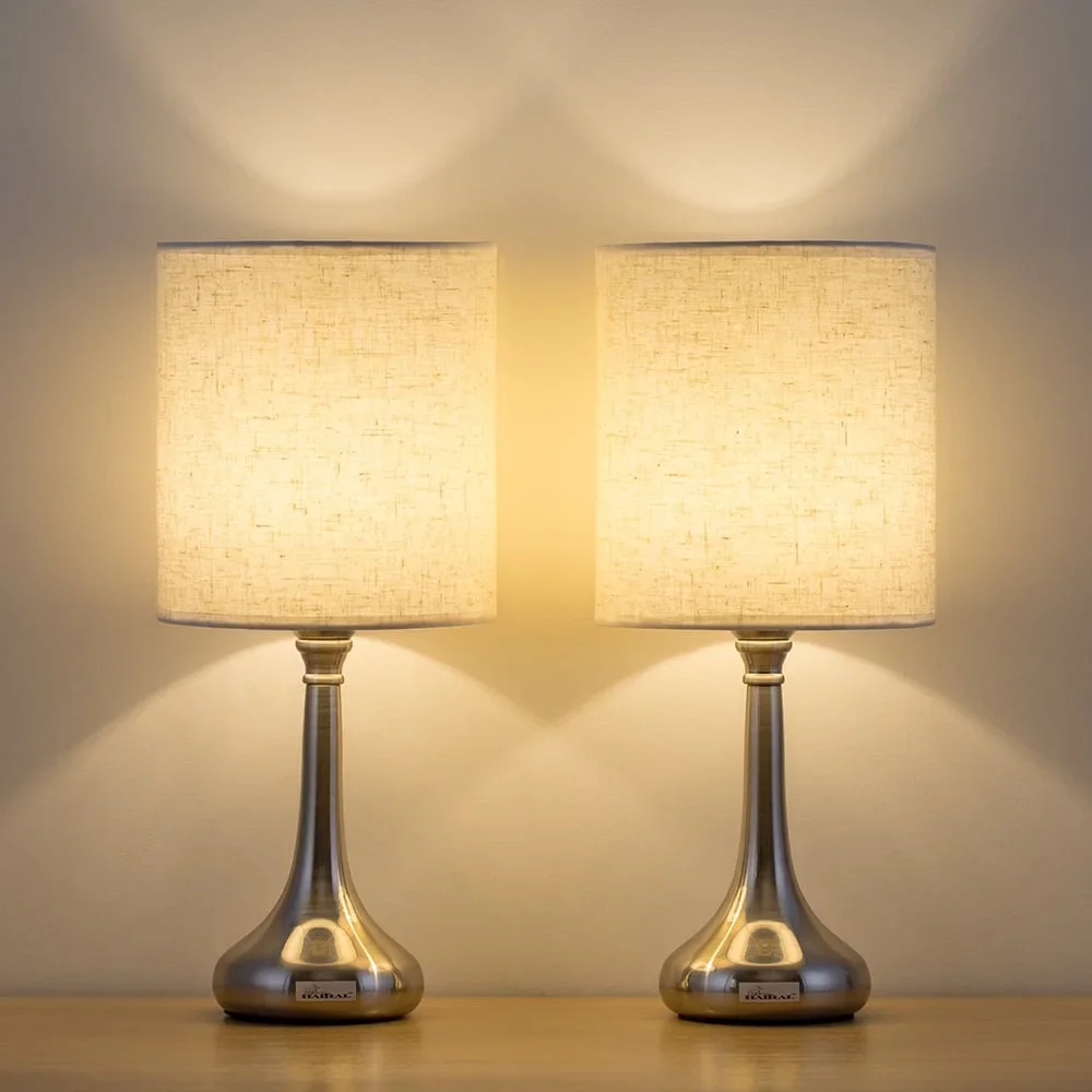 Unbranded 2PCS Lamp Bedside Table Light Lampshade White Fabric Shade Metal Base Office 0740