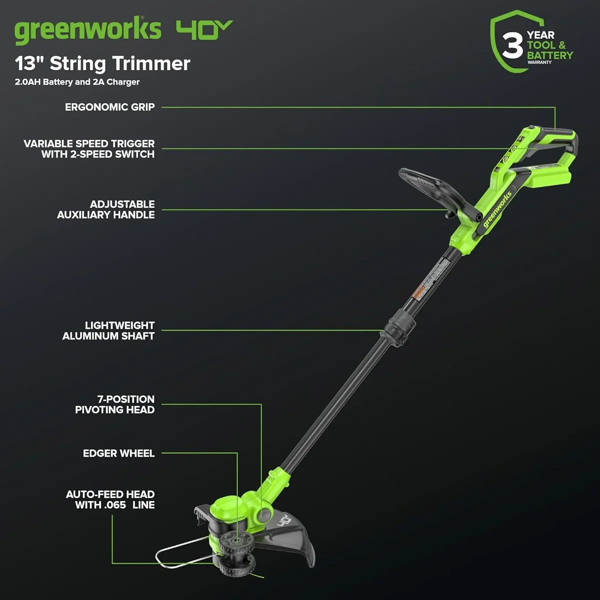Greenworks 40V 13" String Trimmer/Edger Kit 3185