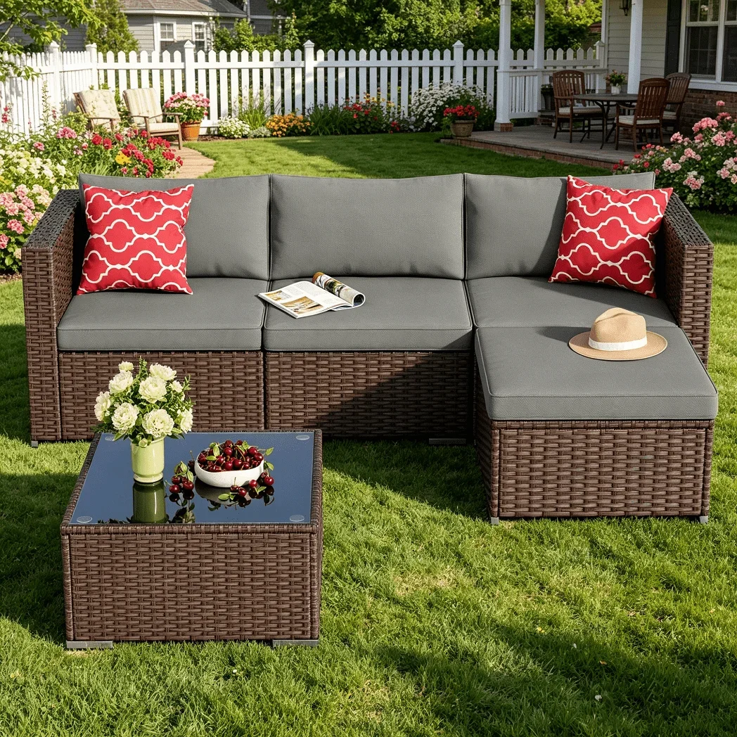 Asofer Patio Furniture Set, Asofer  5 Piece Outdoor Conversation Sectionals with Cushions and Tea Table, Gray 3082