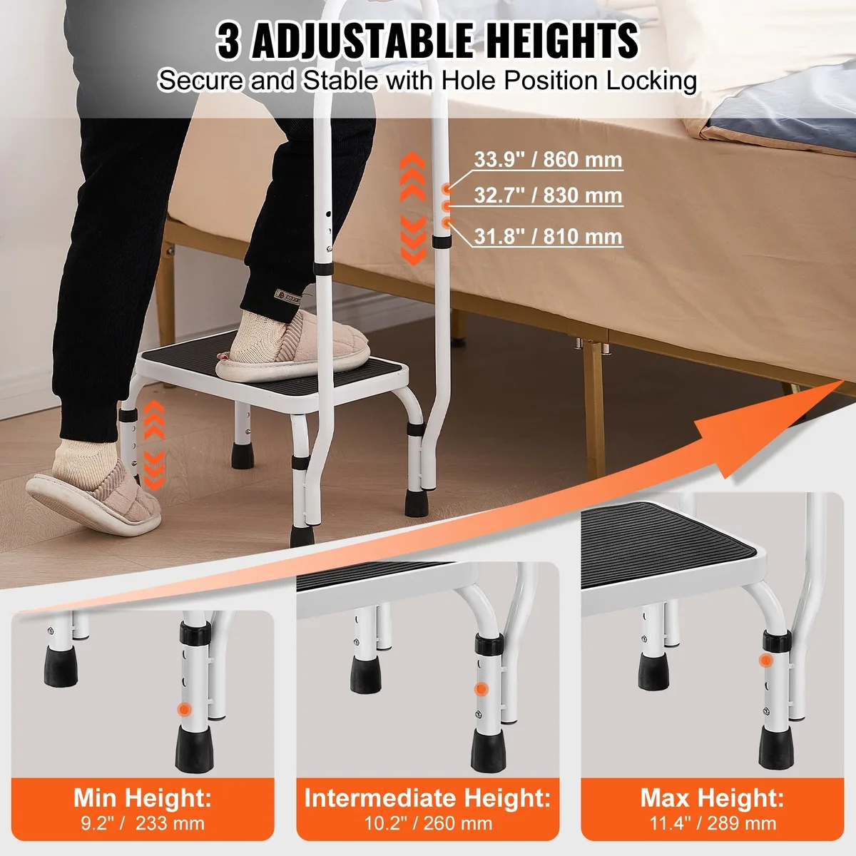 VEVOR Step Stool 1-Step 330lbs Capacity, 3 Adjustable Height with Handle Steel Step Ladder, Portable Step Stools for Adults, Non-Slip Sturdy Step 9475