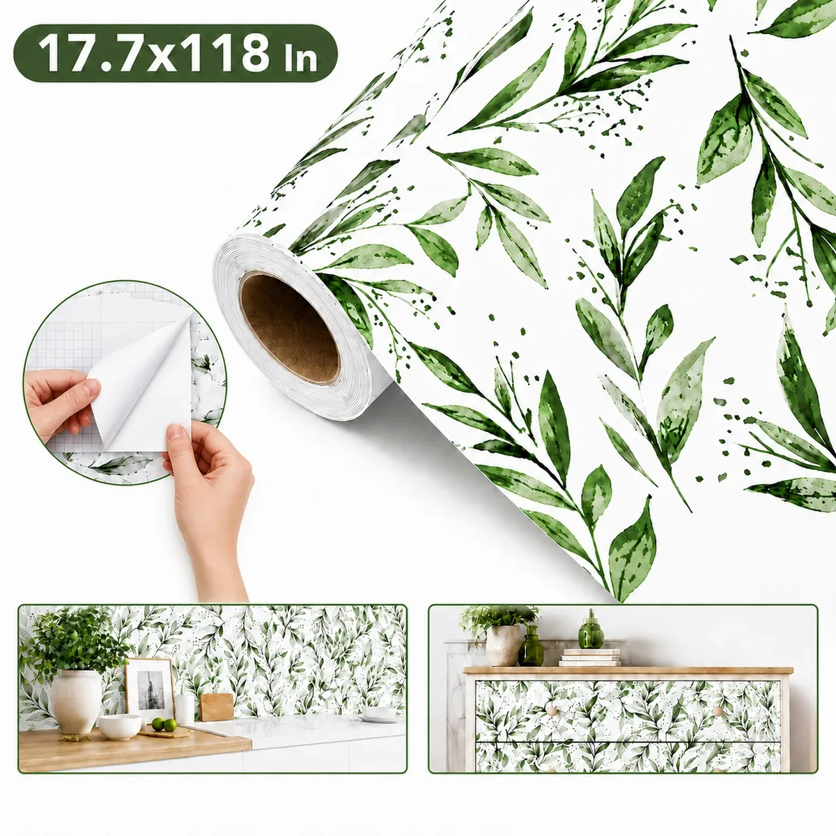 Everdaily Essentials Green Leaf Peel and Stick Wallpaper - Self Adhesive Removable Vinyl Contact Paper, 17.7x118.1 Inch, Easy Install for Walls, Furniture, Cabinets 5260