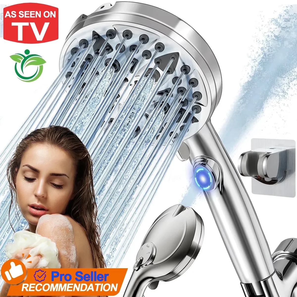 Camkey High Pressure Handheld Shower Head, 4.8" Large Panel Rain Shower Head with 9 Spray Modes, One-Touch Pause Button, Long Hose and Adjustable Bracke 1413