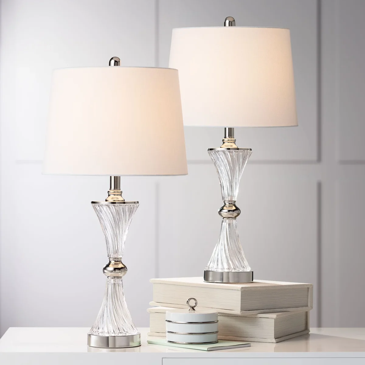 Regency Hill Luca Modern Table Lamps 25 1/2" High Set of 2 Twisted Glass with USB Charging Port White Drum Shade for Bedroom Living Room Office D 5832