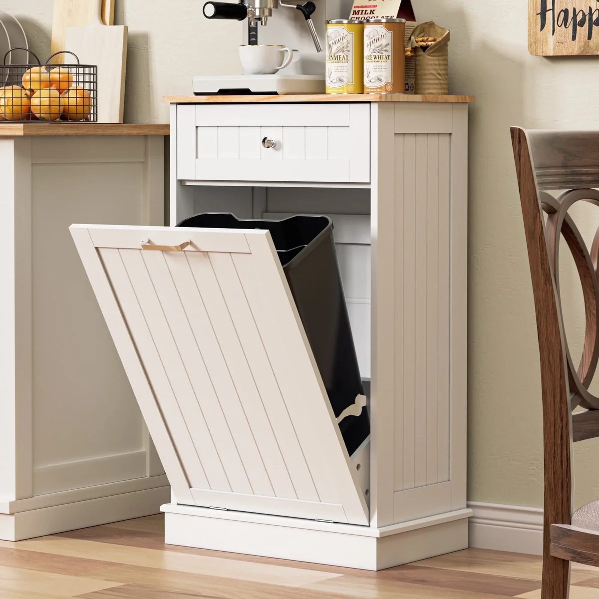 HARIPUL Single Tilt Out Trash Cabinet for 13 Gallon Waste Bin, Free Standing Kitchen Trash Can Cabinet with Drawers, White 3014