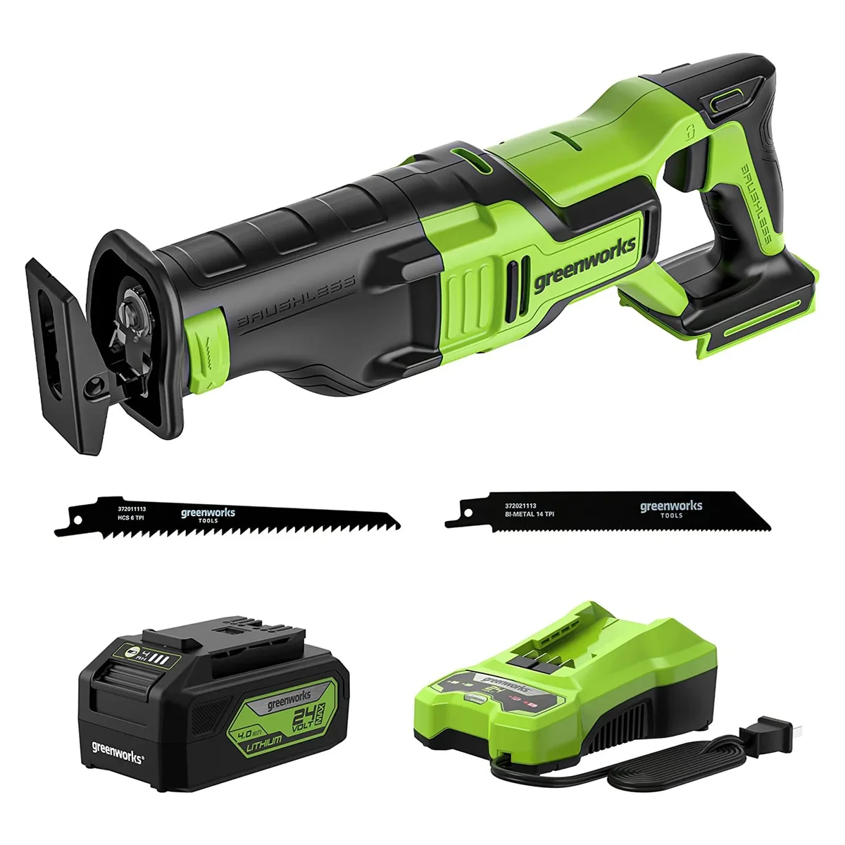 Greenworks 24 Volt Brushless Reciprocating Saw with USB Battery and Charger 3879
