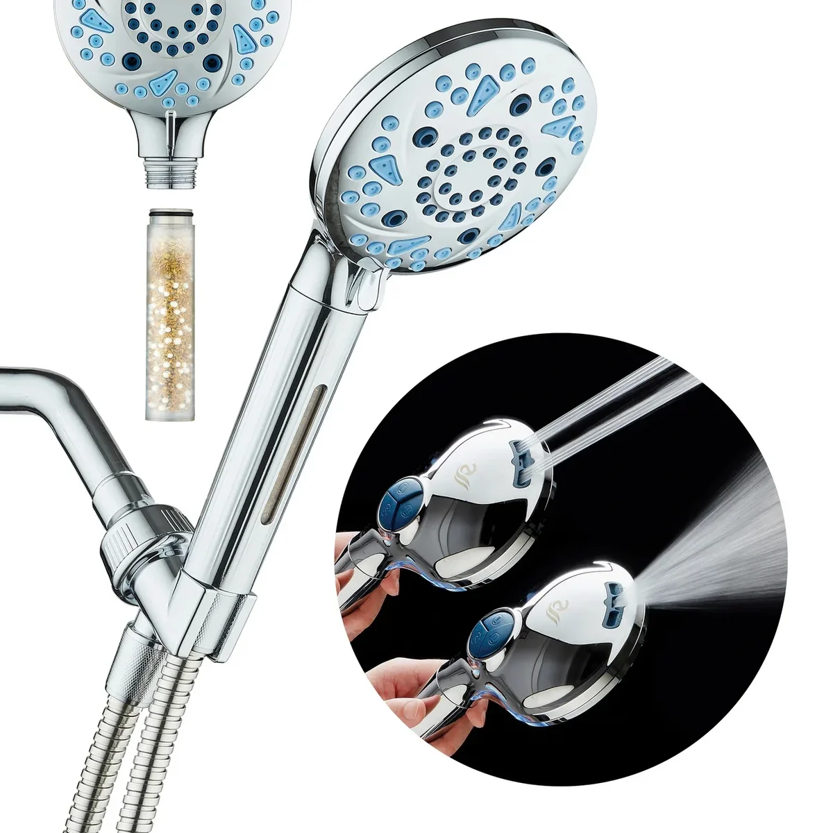AquaCare 3.0 High-pressure 10 setting Luxury Handheld Showerhead with Built-in Shower Filter, 2-mode Power Wash & Antimicrobial Nozzles 0046