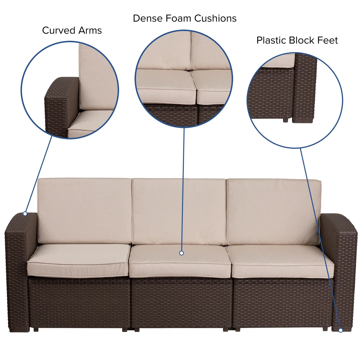 Emma + Oliver Chocolate Brown Faux Rattan Sofa with Beige Cushions 6979